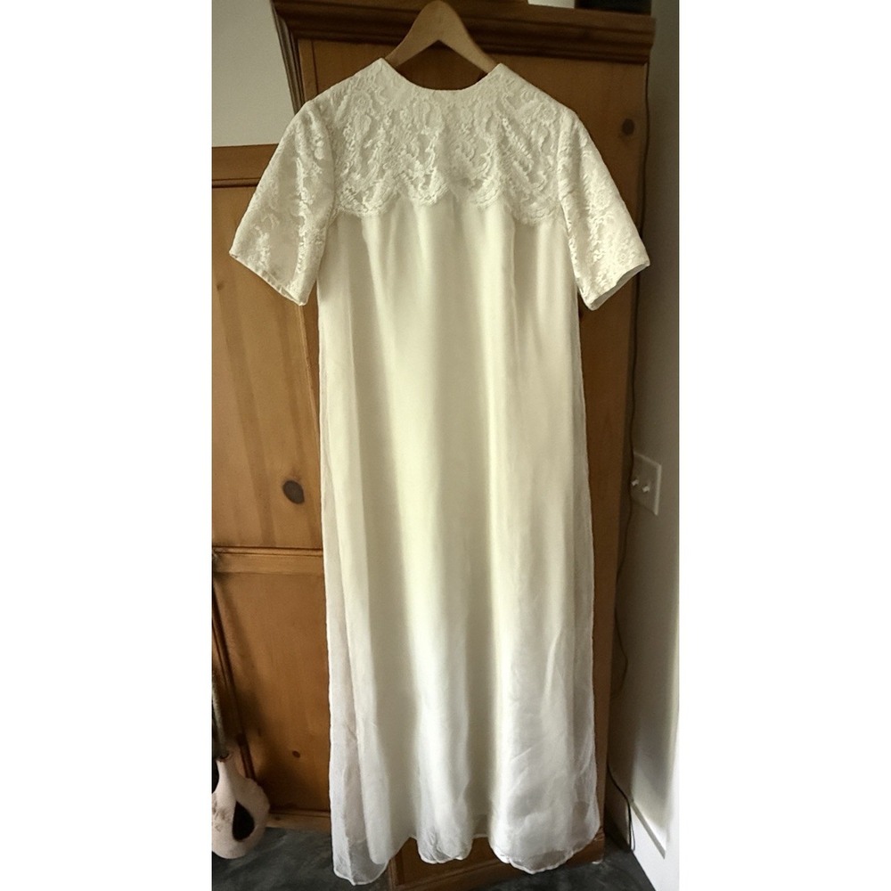 VTG 1960s Ivory Wedding Dress Lace Yoke Sheath Column Bridal Gown Slender M 6-8